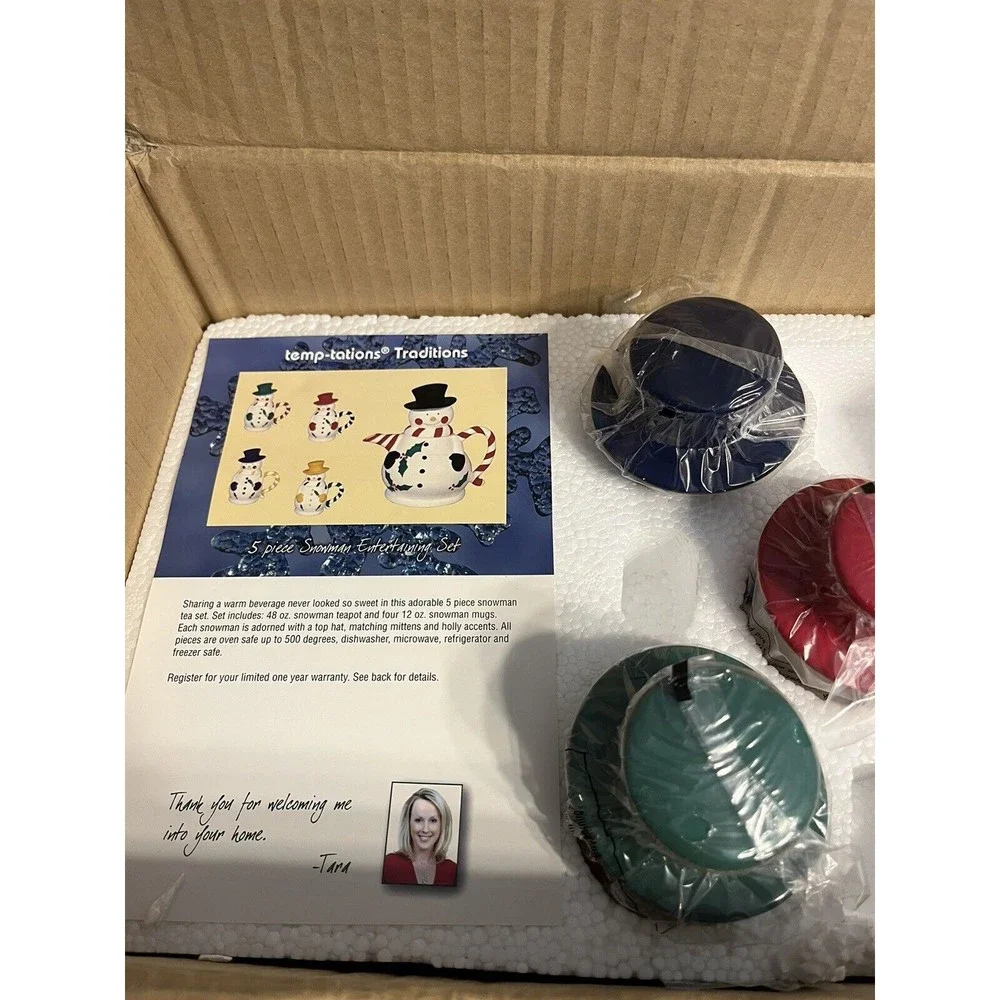 Temptations 5-Piece Snowman Entertaining Tea Set NIB. 48oz Teapot & 4 12oz Mugs